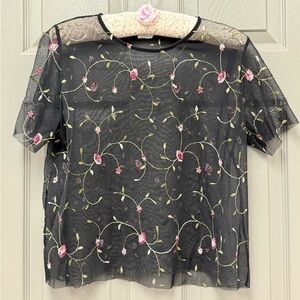 Floral Embroidered Black Mesh Top
